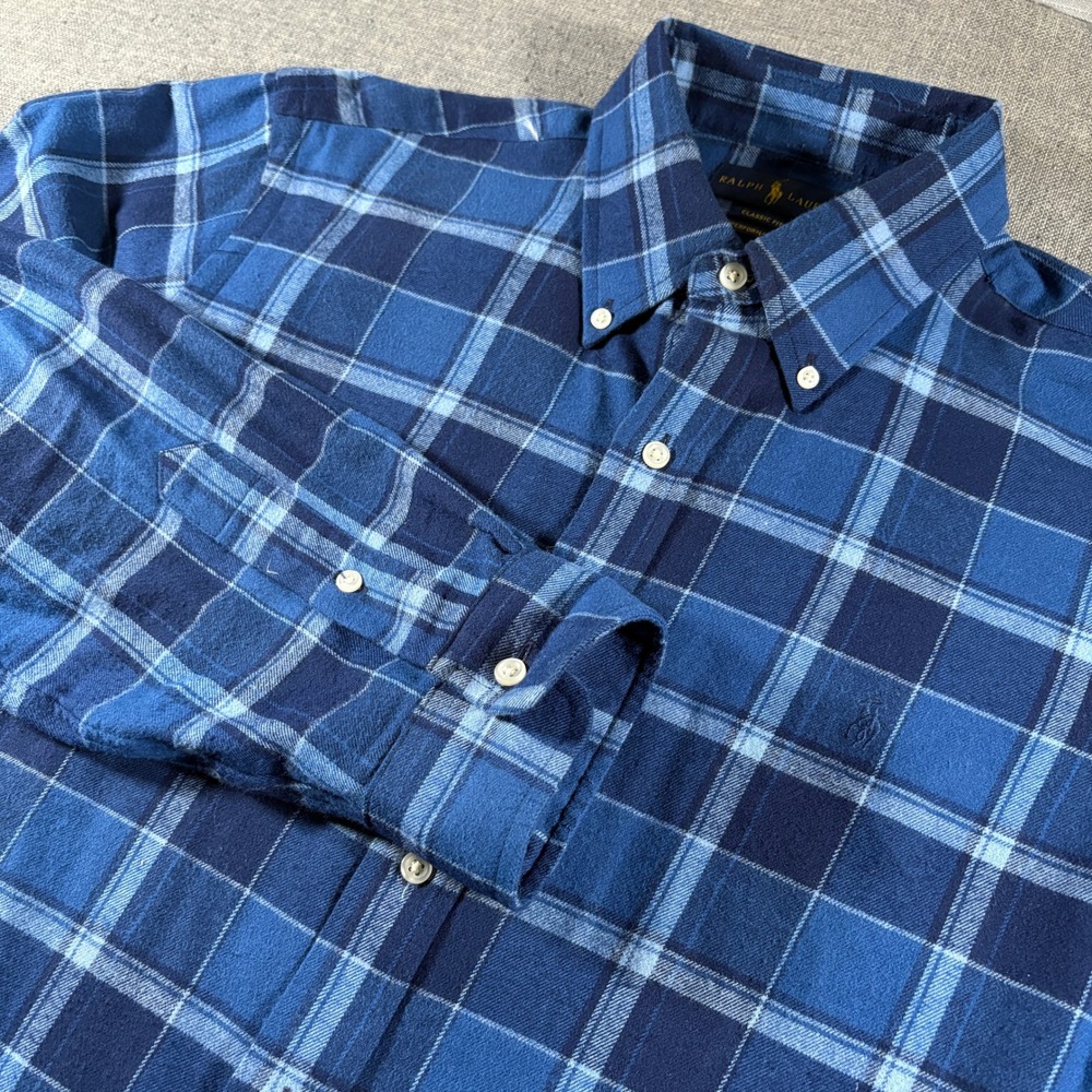 Ralph Lauren Flannel Shirt Men Large Blue Plaid Performance Classic Fit Long Slv